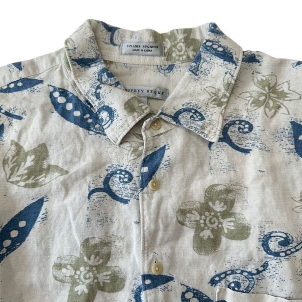 Geoffrey Beene Floral Hawaiian Linen Blend Button Up Shirt Navy Tan Print Men XL